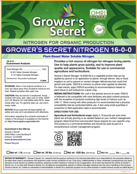 Grower's Secret Nitrogen 16-0-0 (Aminos)